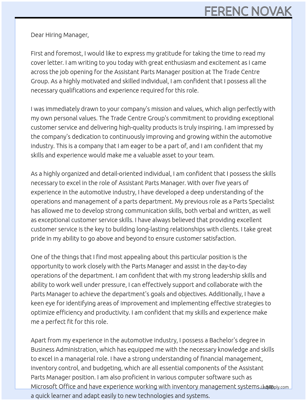 Assistant Parts Manager At The Trade Centre Group Cover Letter
