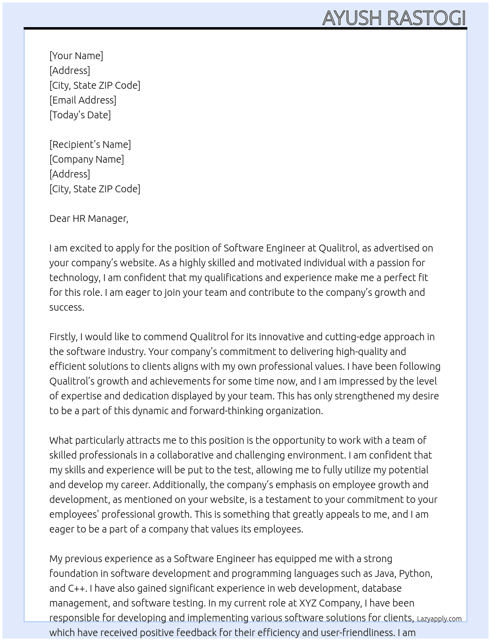 Software Engineer At Qualitrol Cover Letter
