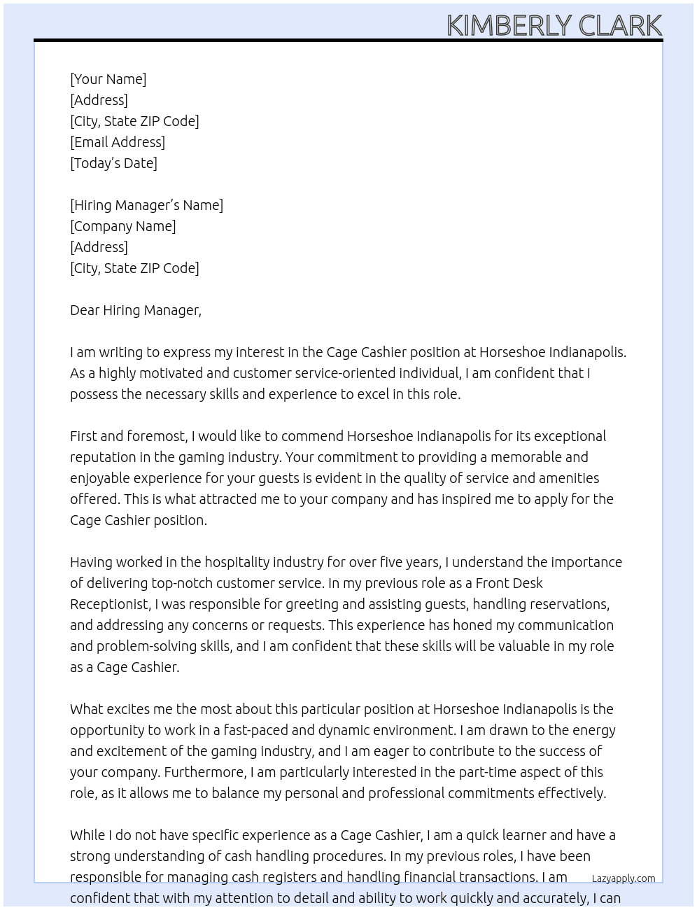 Cage Cashier At Horseshoe Indianapolis Cover Letter