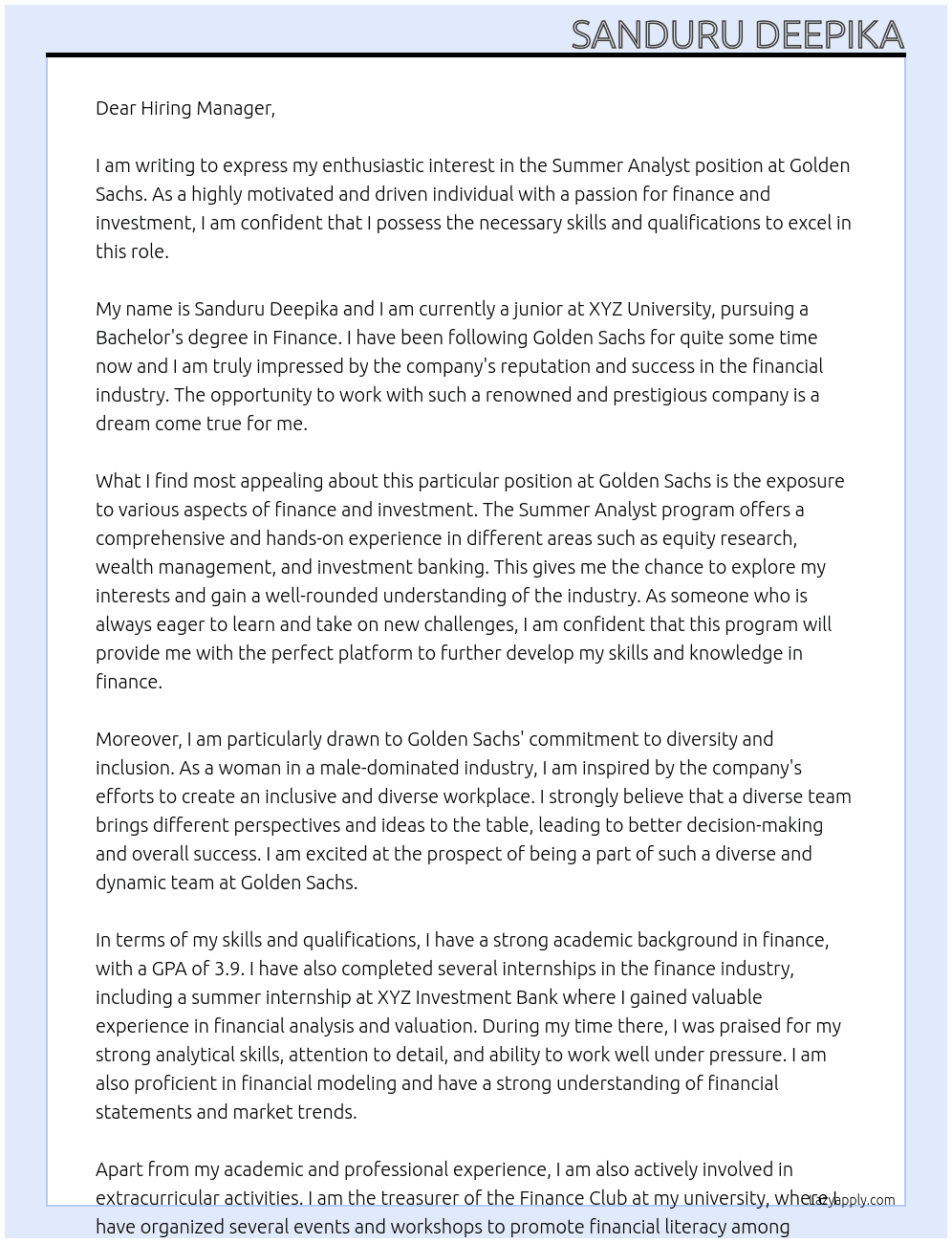Summer Analyst At Golden Sachs Cover Letter