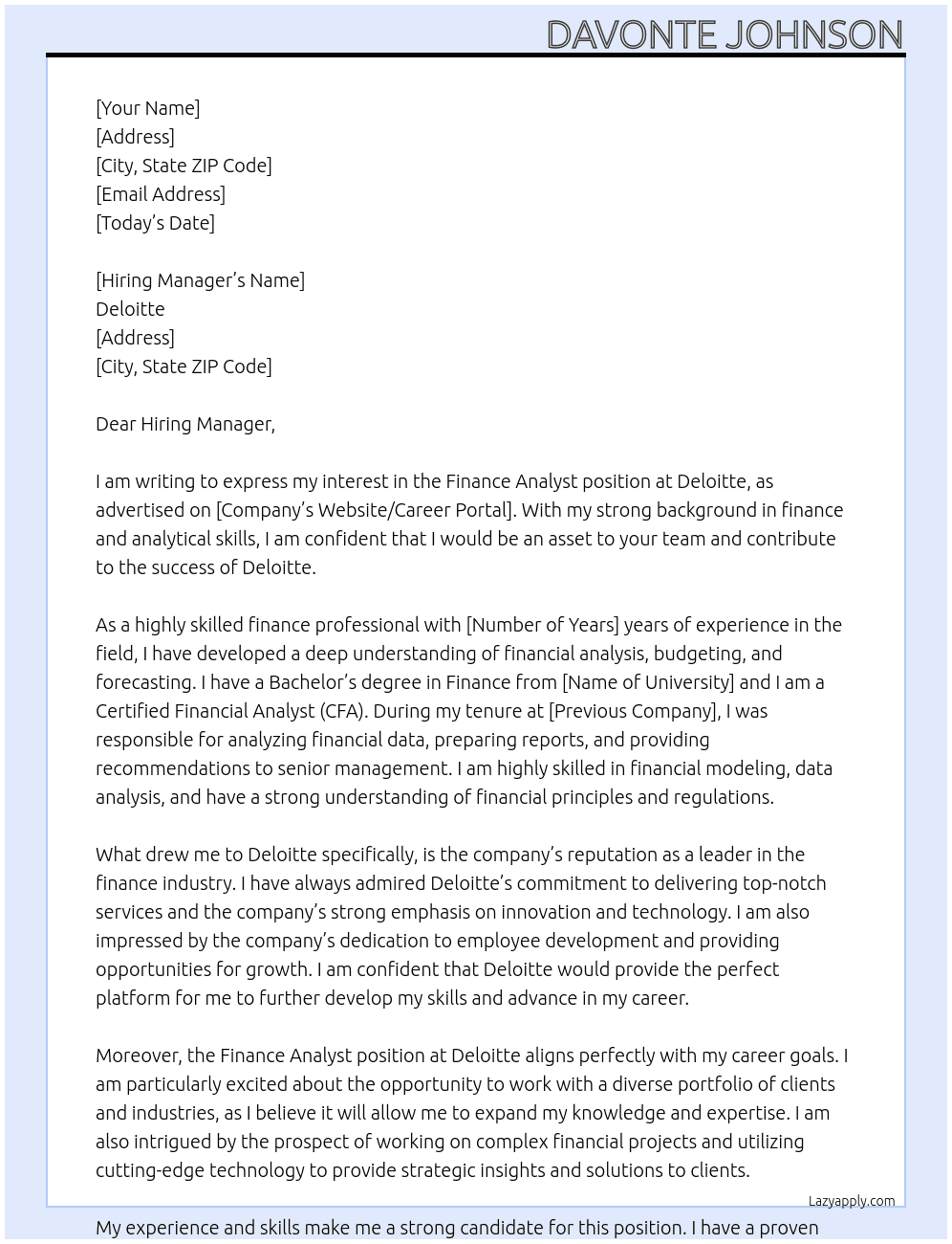 Finance Analyst At Deliotte Cover Letter