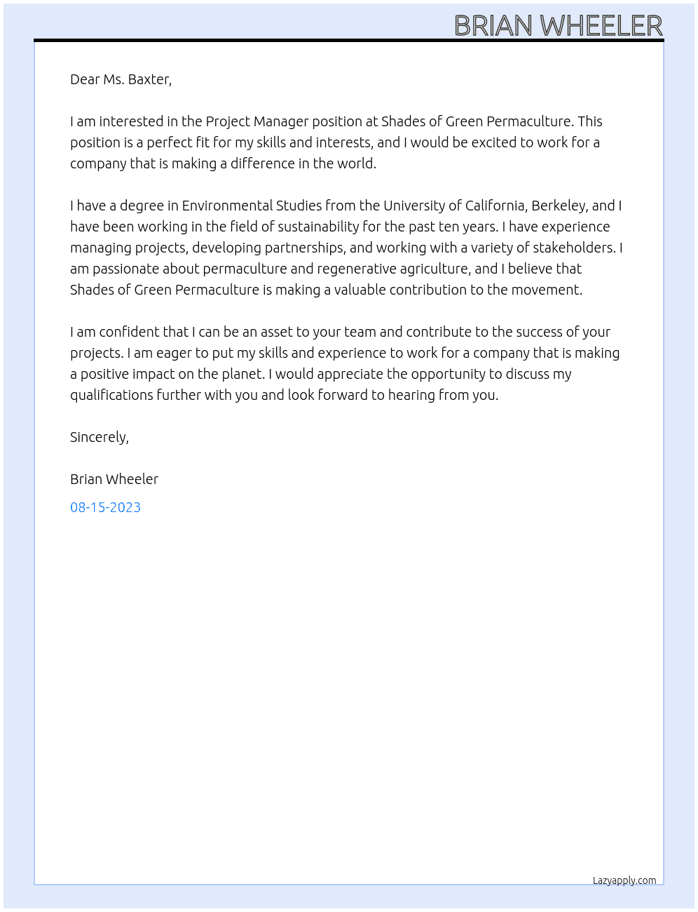 Project Manager At Shades of Green Permaculture Cover Letter
