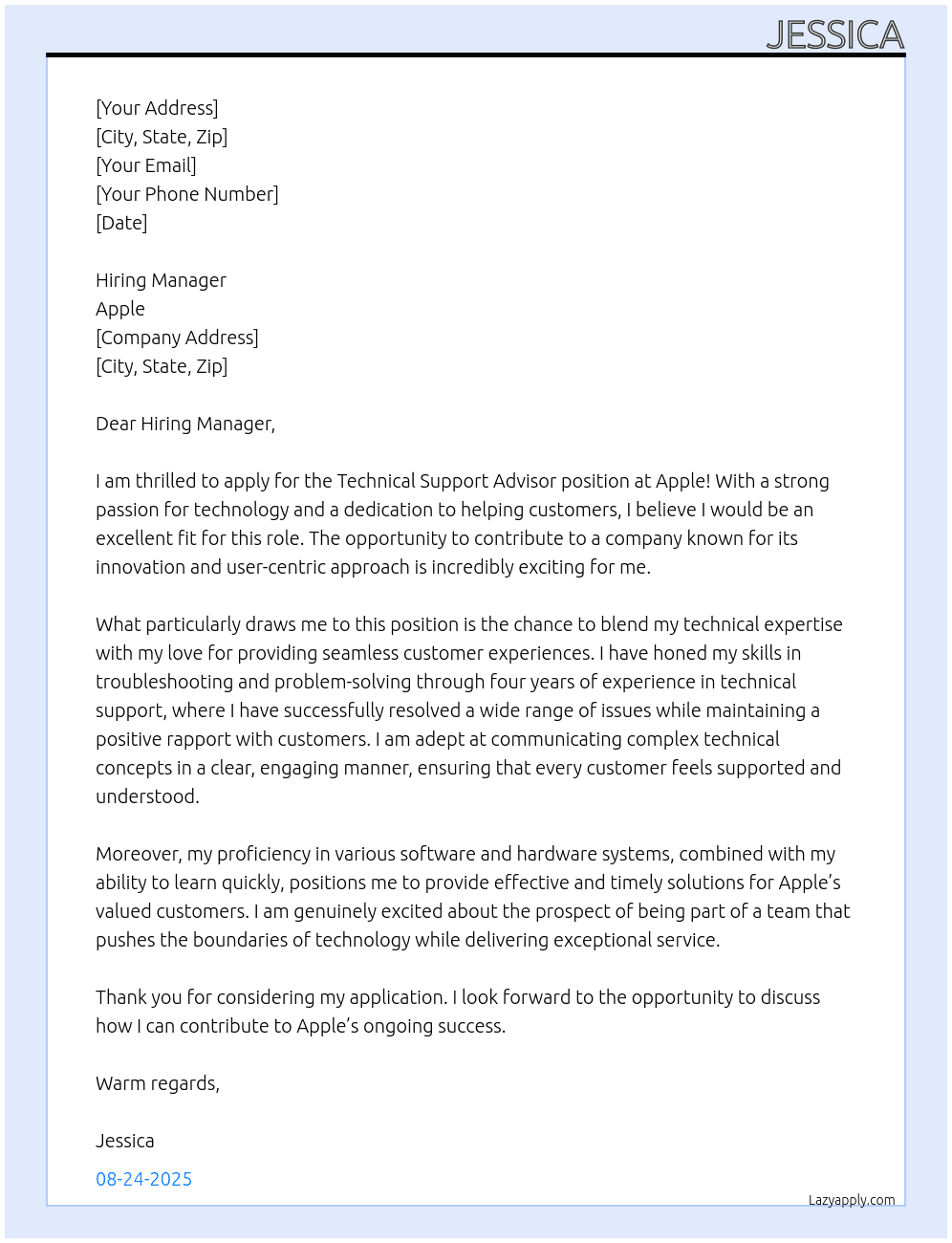 Cover letter for technical support advisor - LazyApply