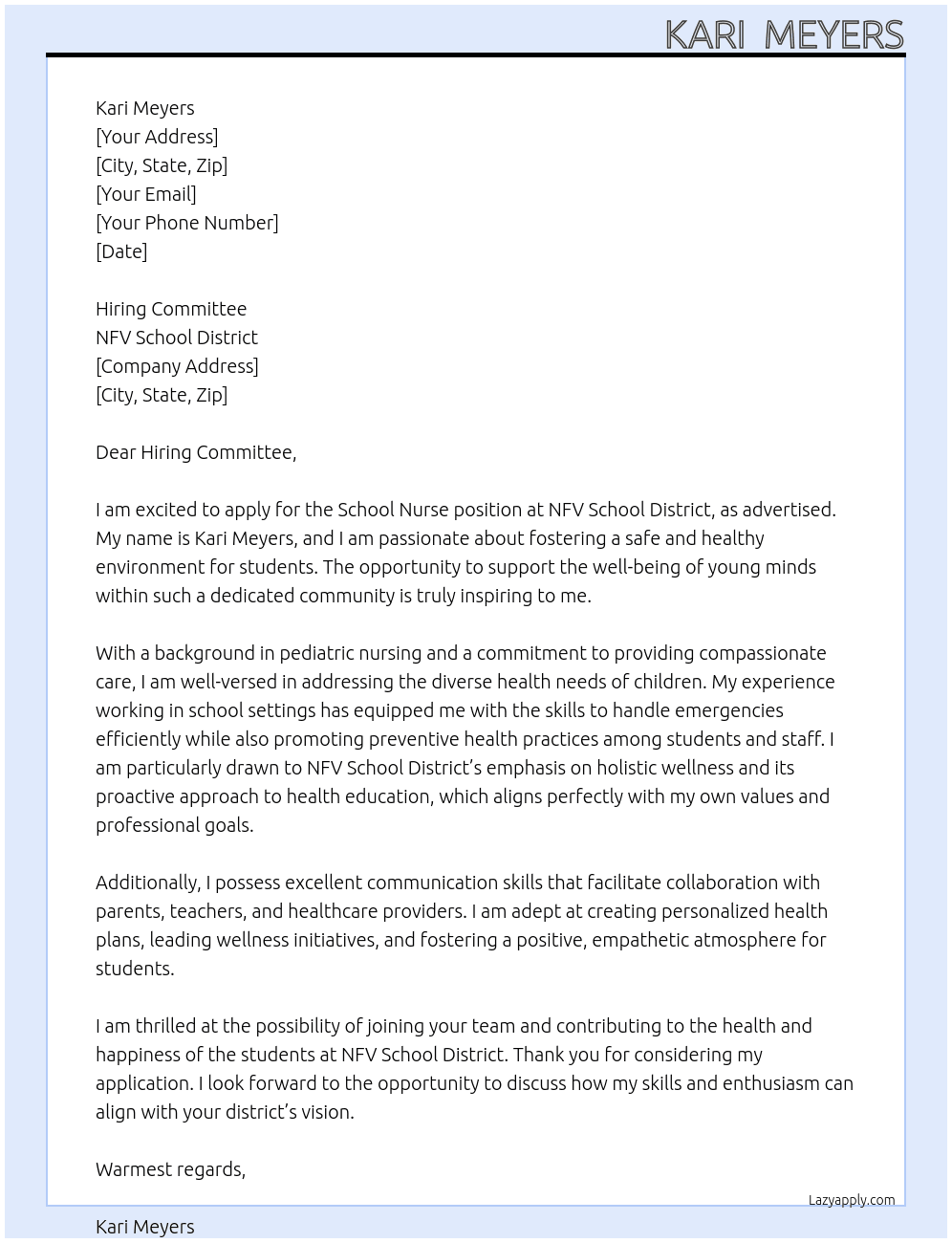 Cover letter for school nurse - LazyApply