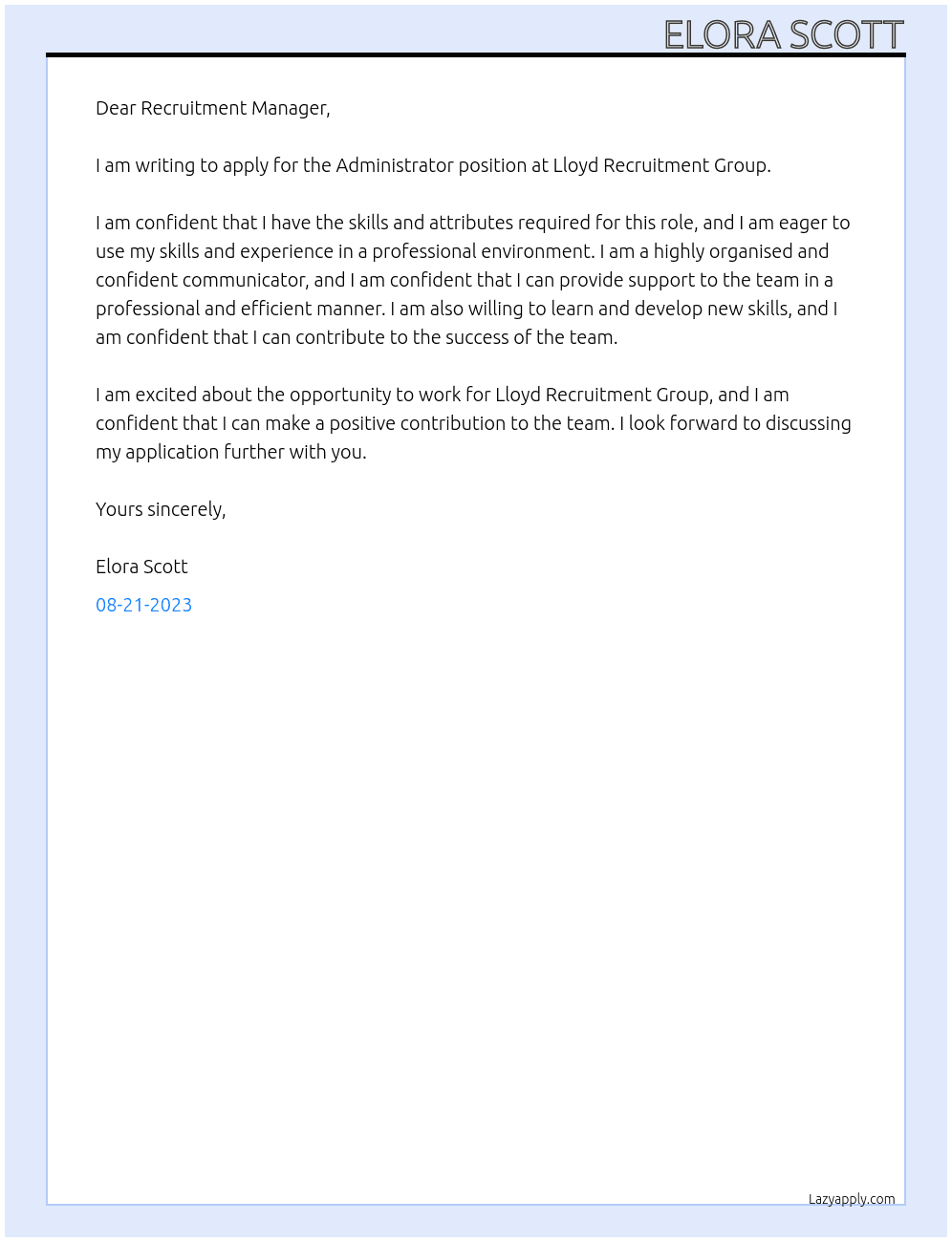 Administrator At Lloyd Recruitment Group Cover Letter