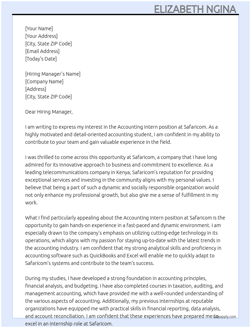 Accounting intern  At Safaricom  Cover Letter