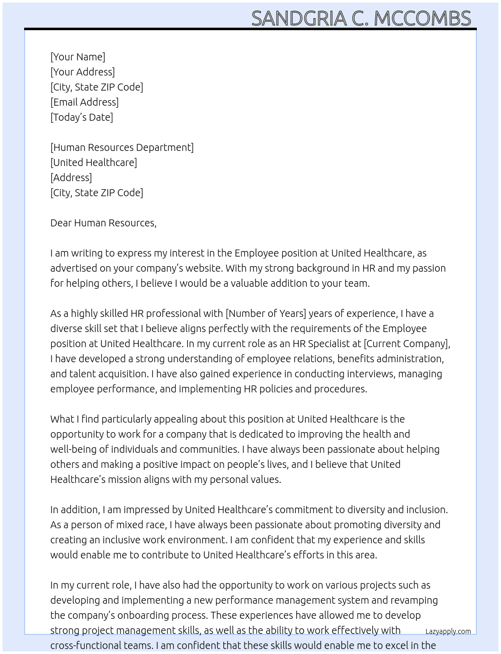 Employee  At United Healthcare  Cover Letter