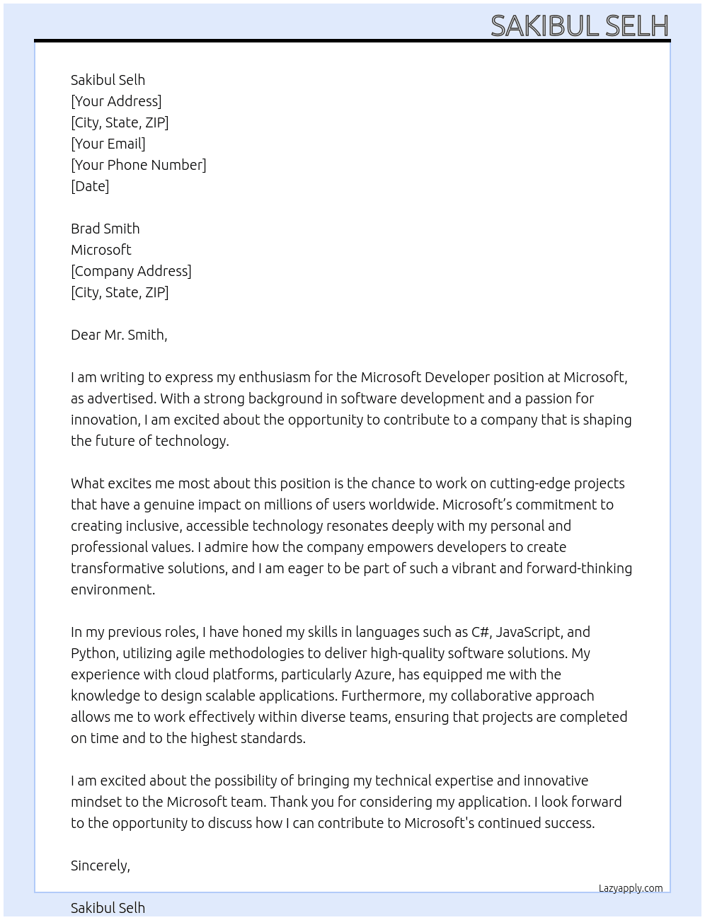 Microsoft Developer At Microsoft  Cover Letter