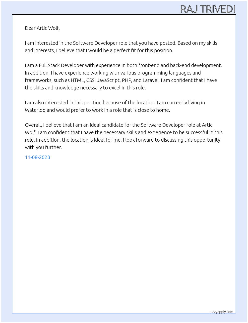 Software Developer At Artic Wolf Cover Letter