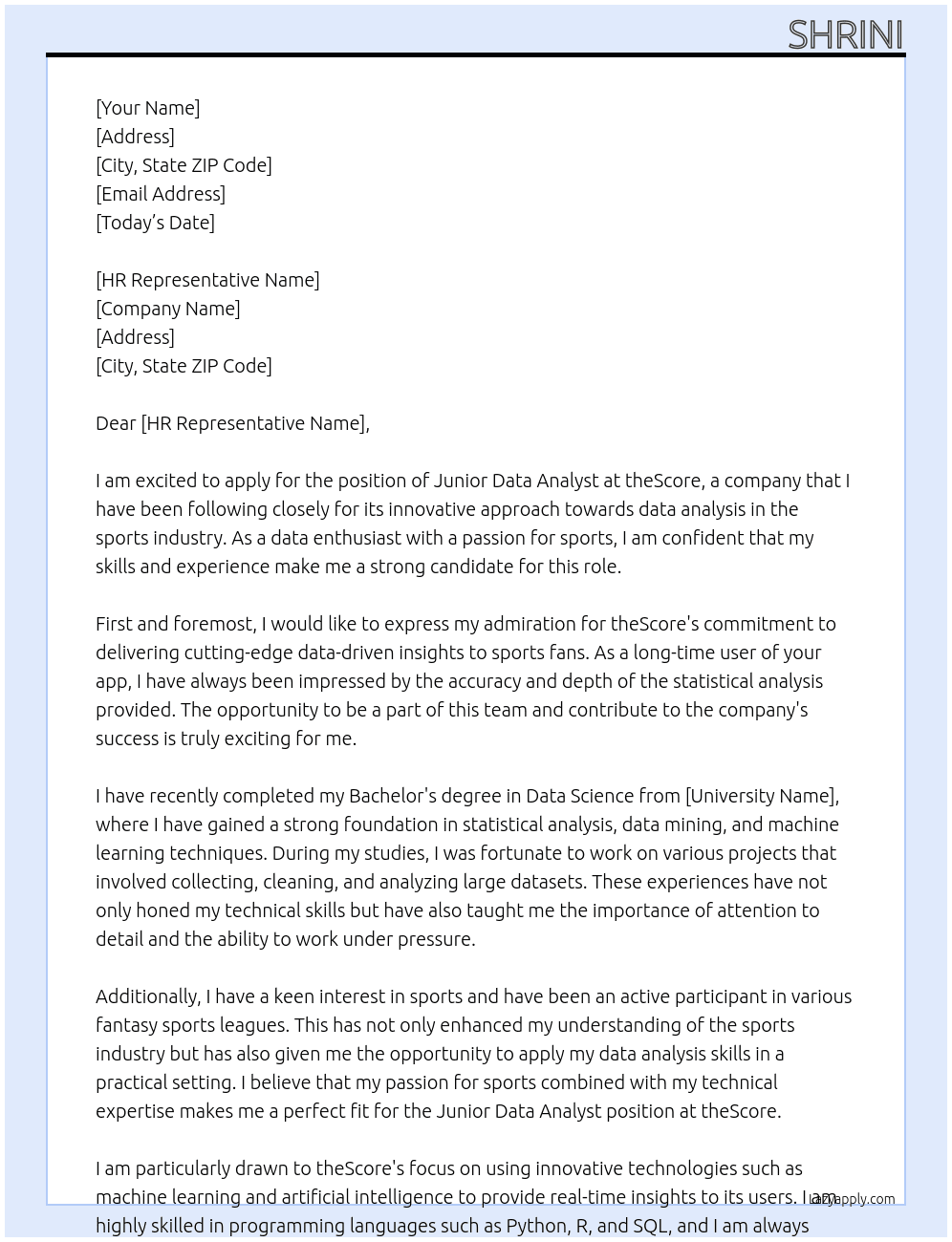 junior data analyst At theScore Cover Letter