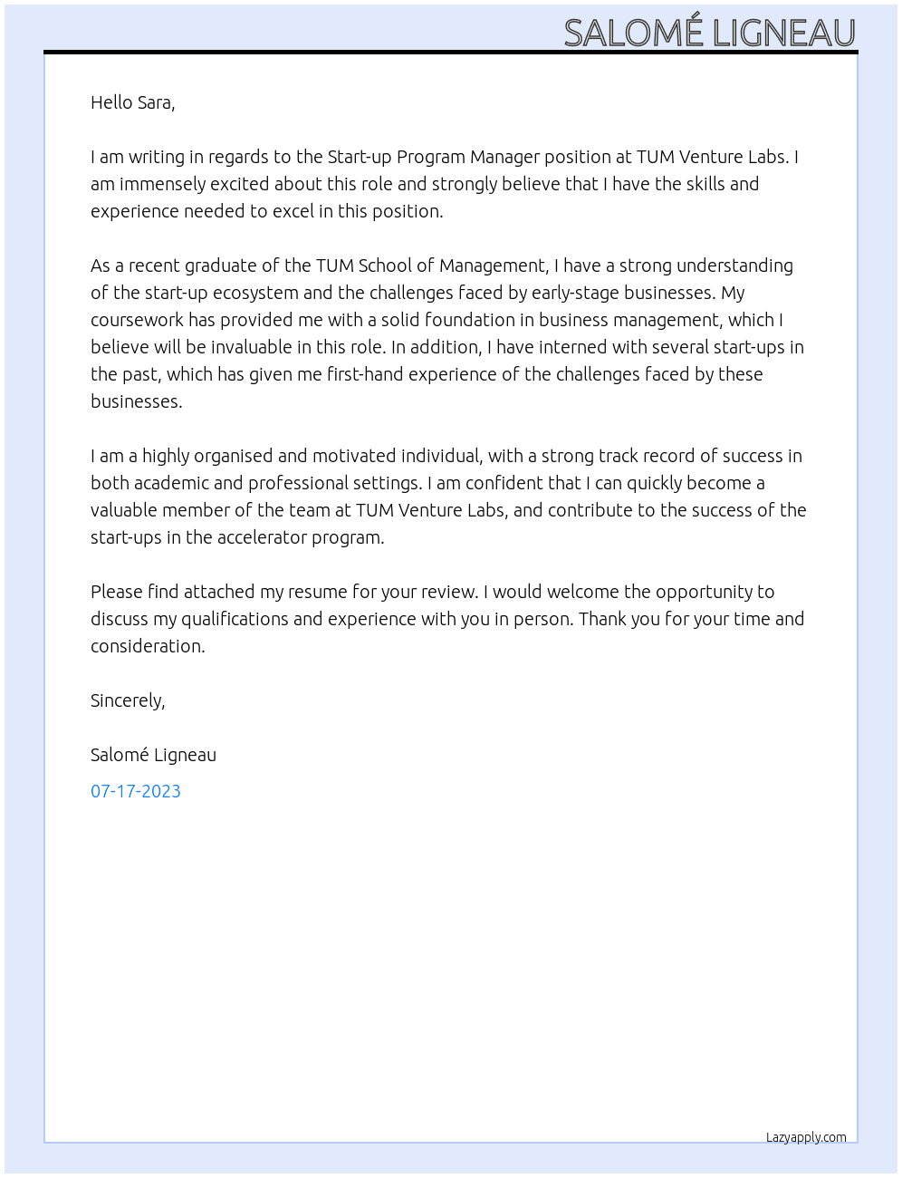 Start-up Program Manager At TUM Venture Labs Cover Letter