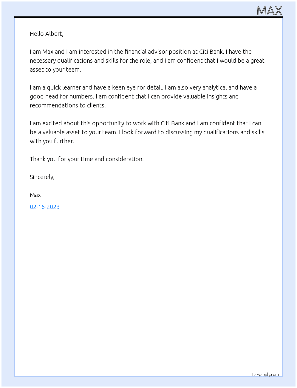Financial advisor At Citi bank Cover Letter