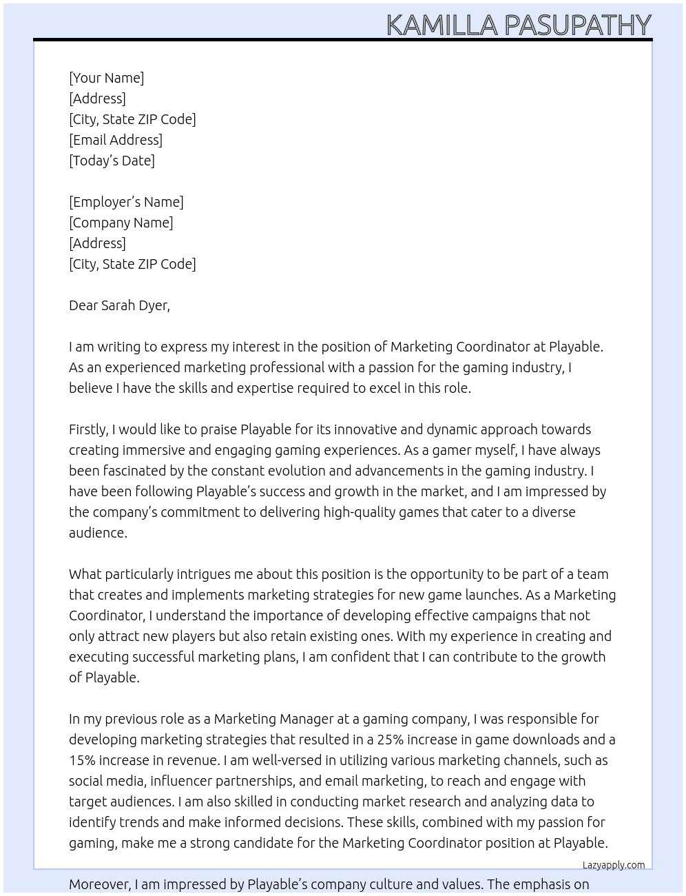 Marketingcoordinator At Playable Cover Letter