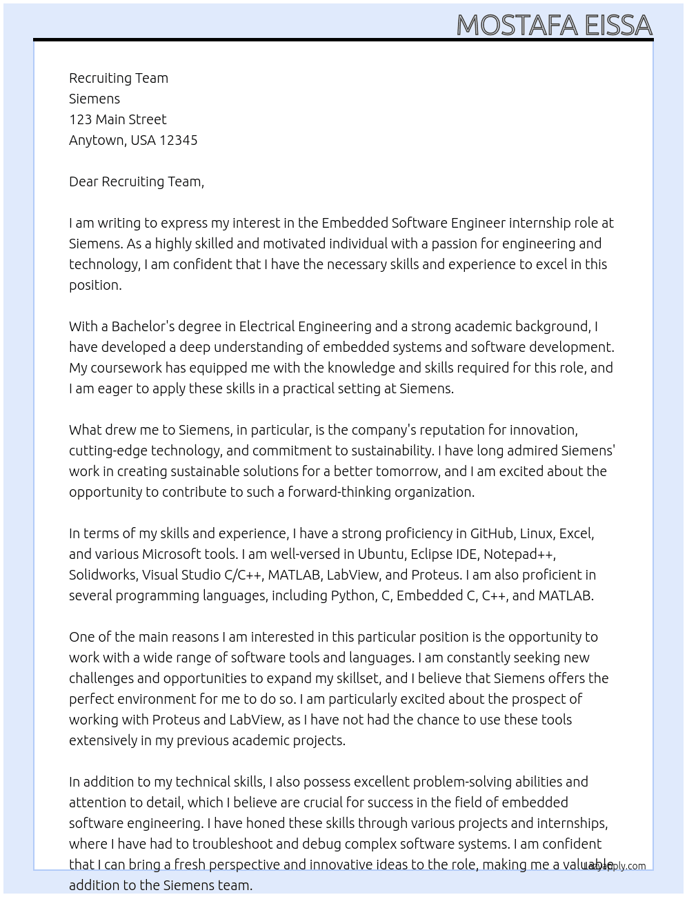 embedded software engineer At siemens Cover Letter