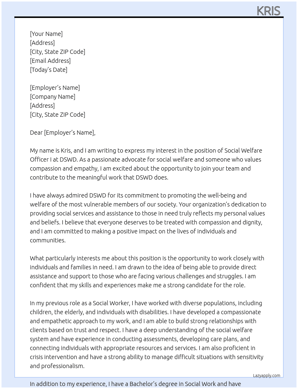 SOCIAL WELFARE OFFICER I  At DSWD  Cover Letter