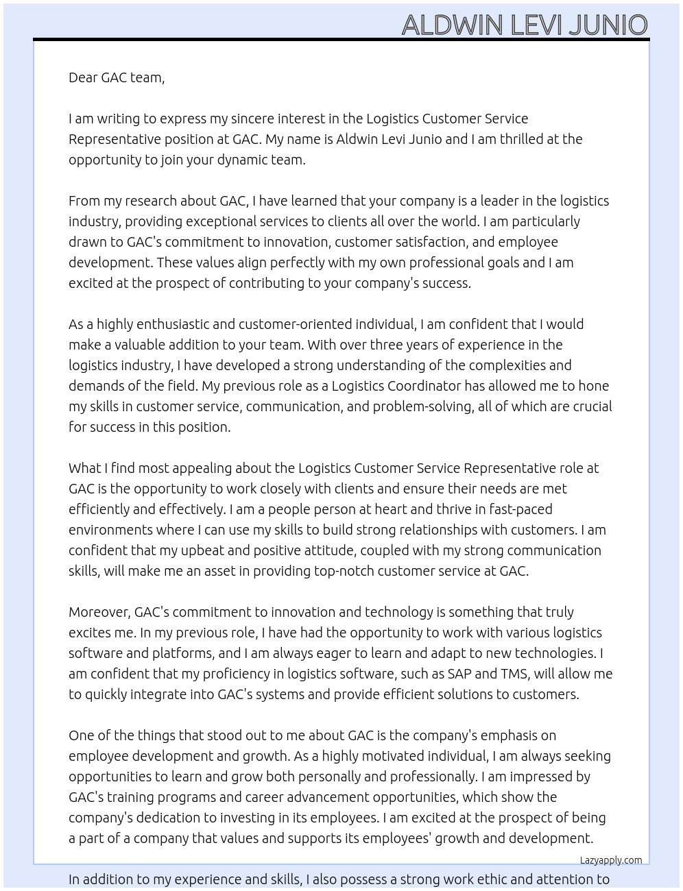 Logistics Customer Service Representative At GAC Cover Letter