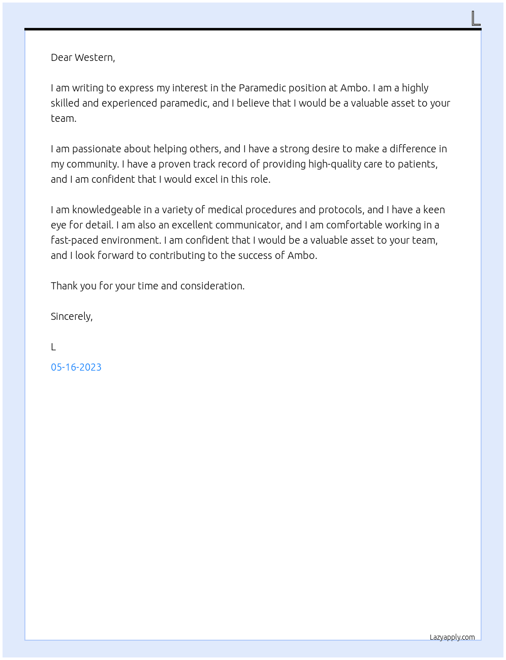 Paramedic At Ambo Cover Letter