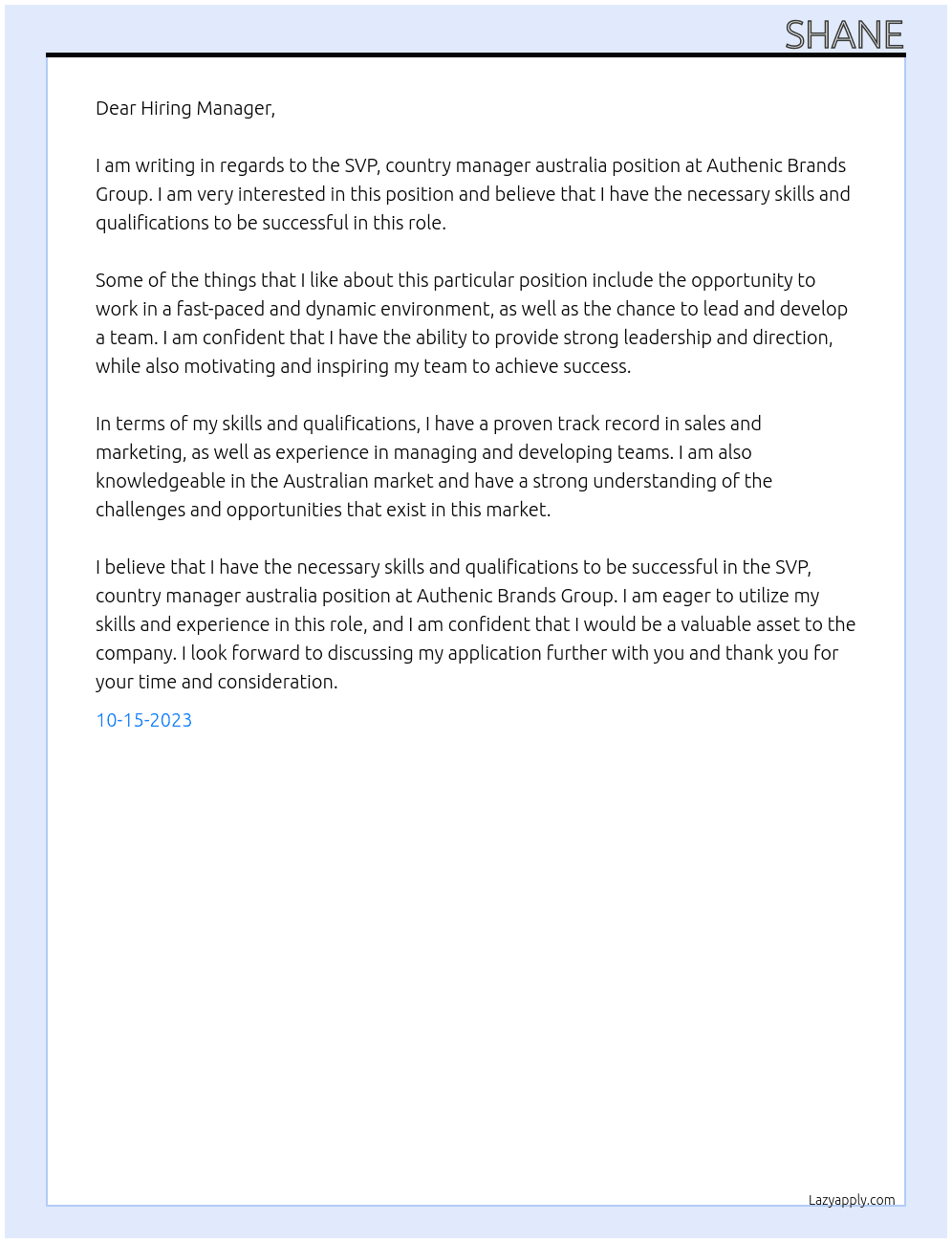 SVP, country manager australia  At Authenic Brands Group Cover Letter
