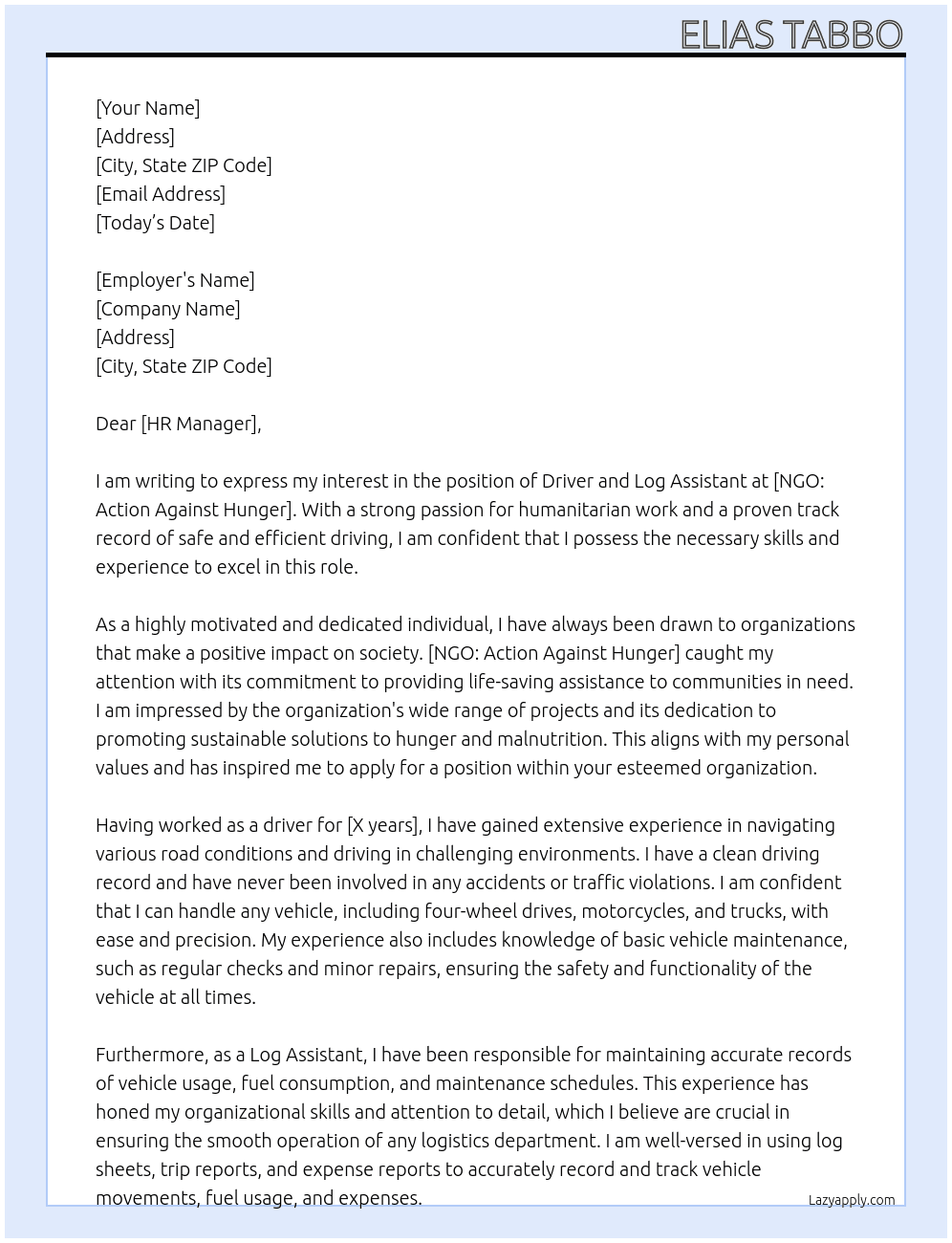 Driver and Log Assistant At NGO: Action Against Hunger Cover Letter