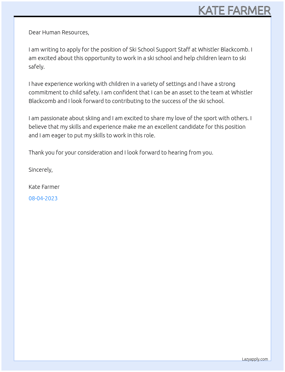 Ski School Support Staff At Whistler Blackcomb Cover Letter