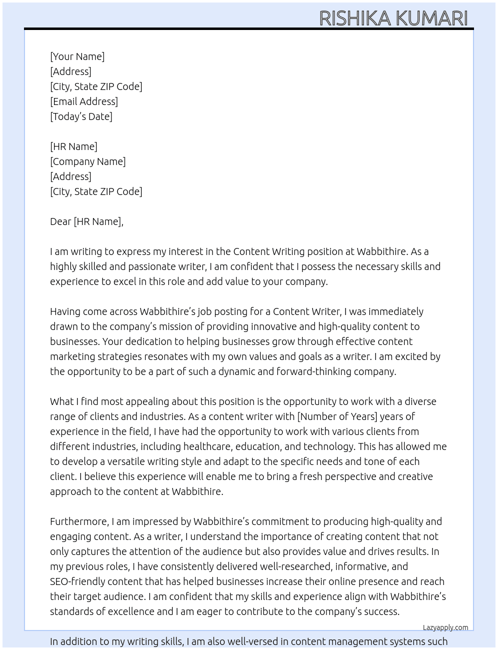 Content writing  At Wabbithire Cover Letter