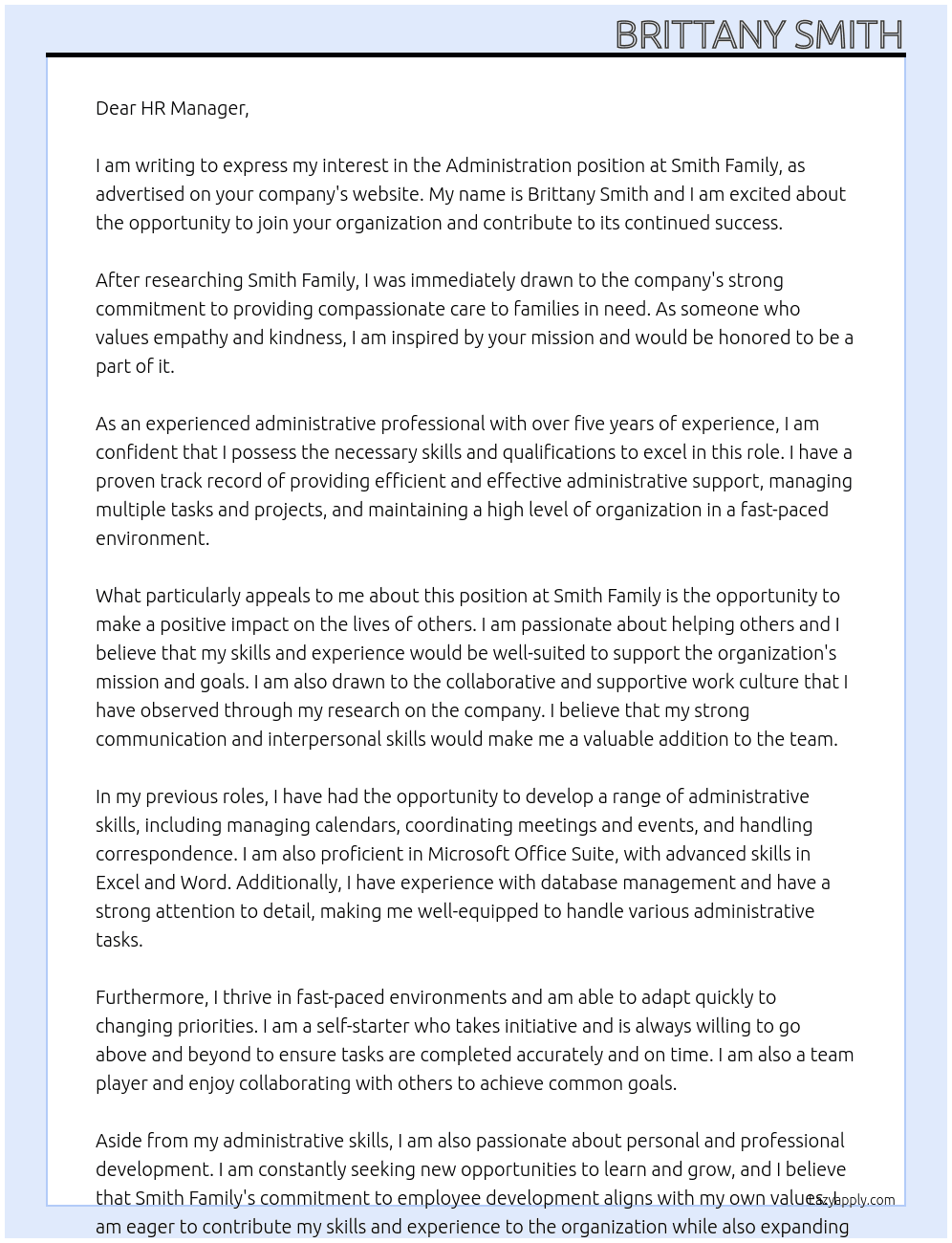 Administration At Smith Family Cover Letter
