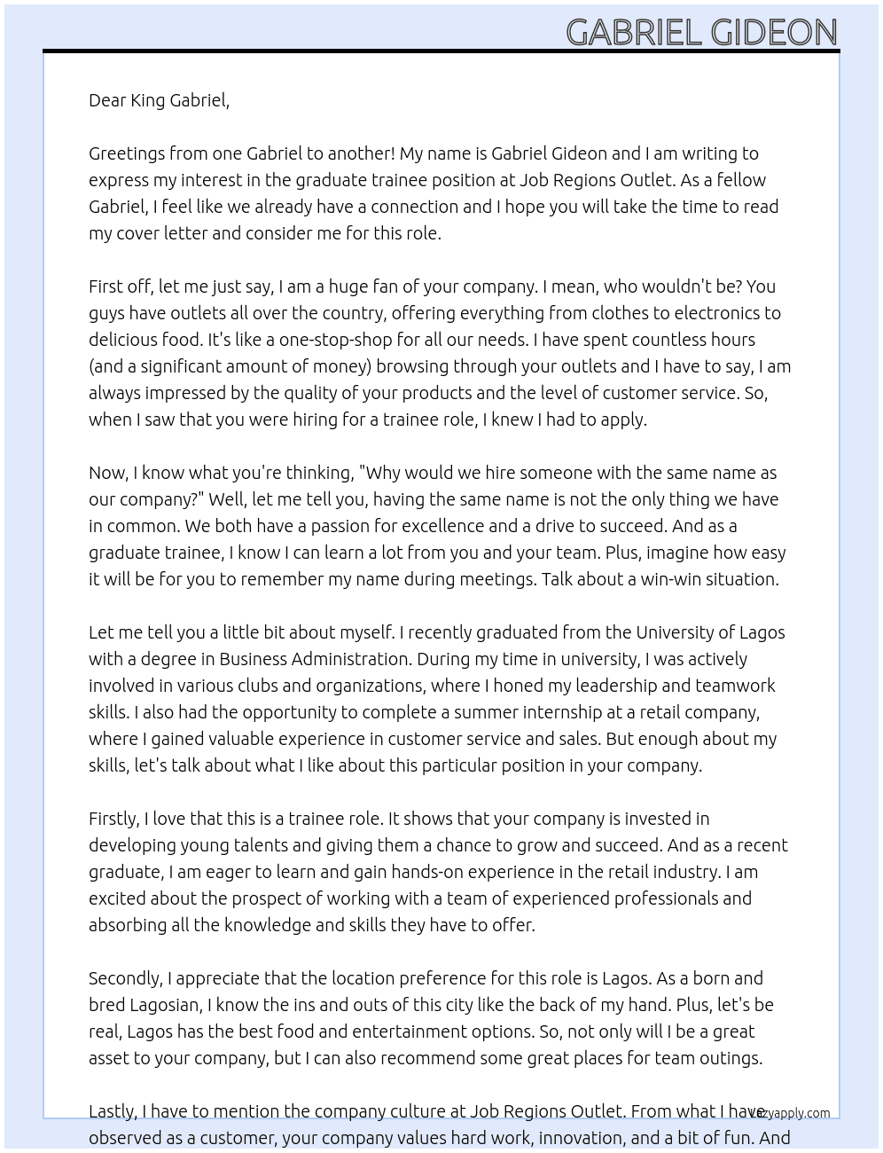 graduate trainee At job regions outlet Cover Letter
