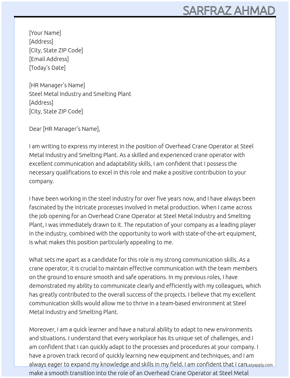 Overhead crane operator At Steel metal industry and smelting plant Cover Letter