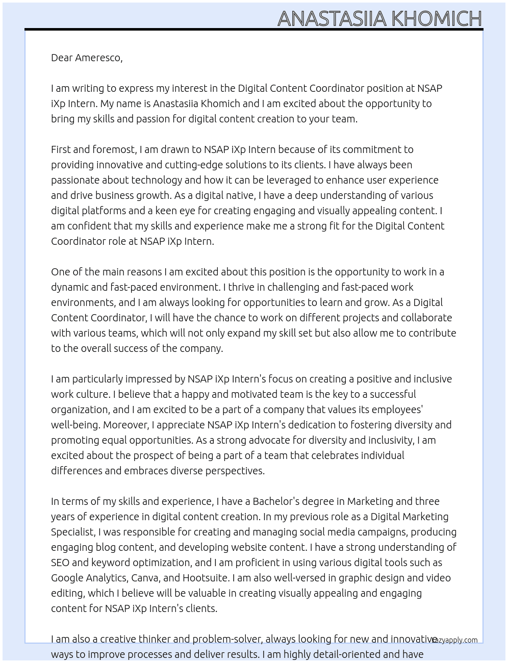 Digital Content Coordinator At NSAP iXp Intern Cover Letter