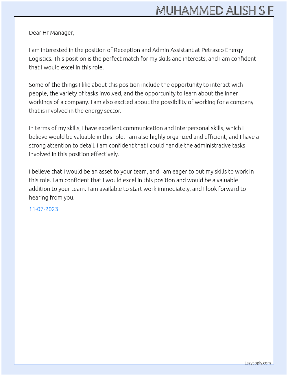 Reception and Admin Assistant  At Petrasco Energy Logistics  Cover Letter
