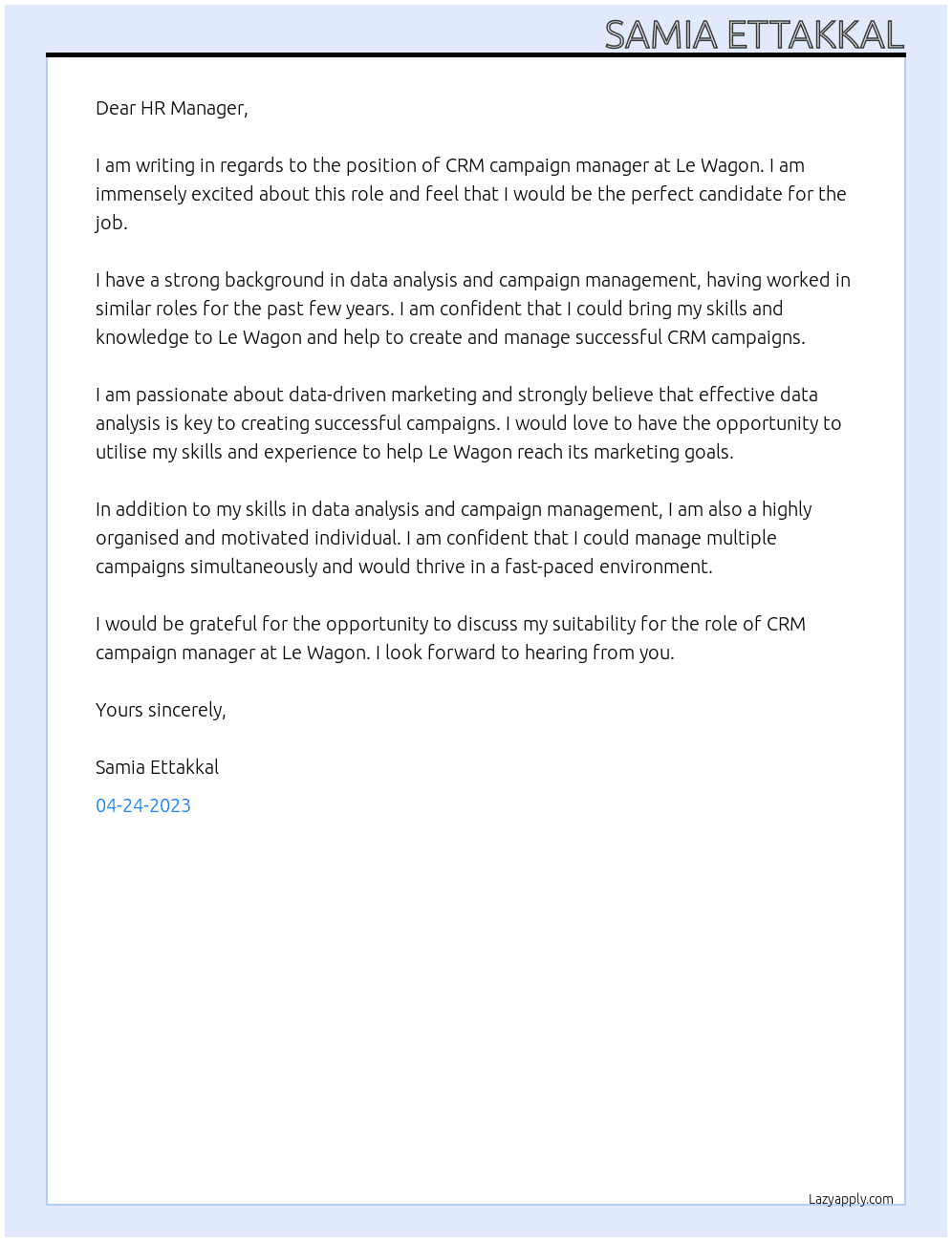 CRM campaign manager At Le Wagon Cover Letter