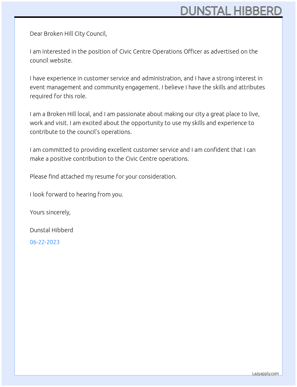 Civic Centre Operations OfficerCivic Centre Operations Officer At Broken Hill City Council Cover Letter