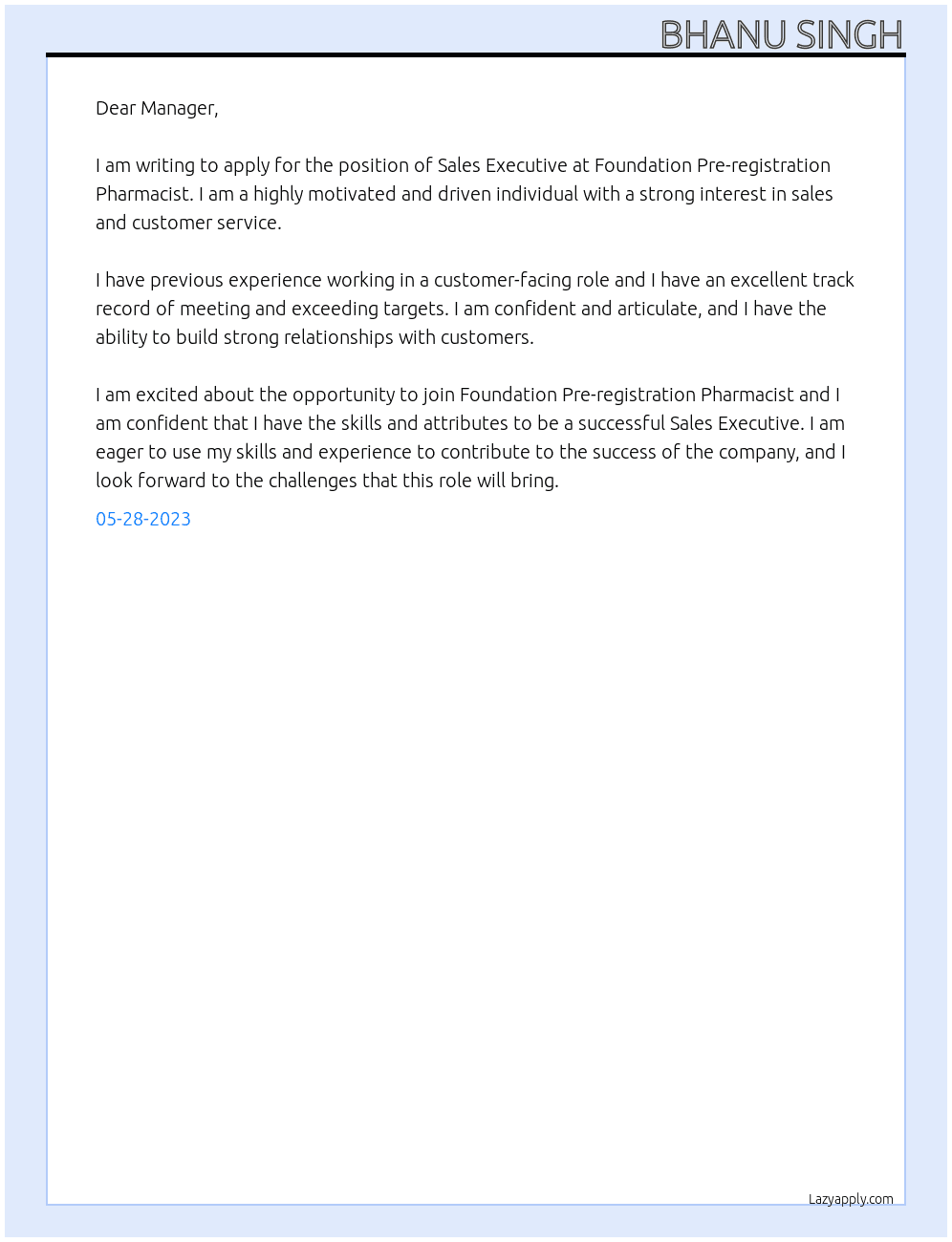 Sales Exective At Foundation Pre-registration Pharmacist  Cover Letter