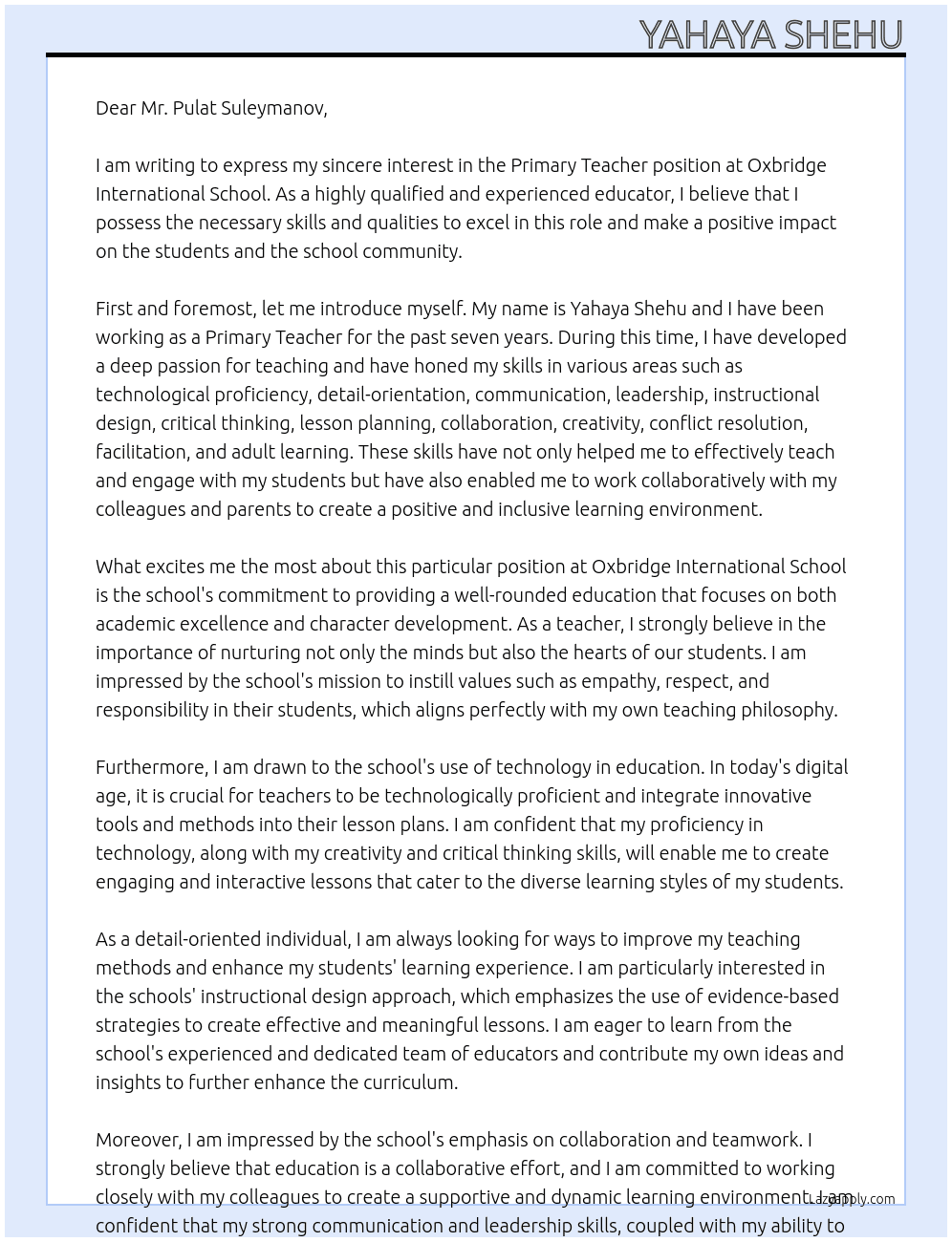 Primary Teacher  At Oxbridge International School Cover Letter
