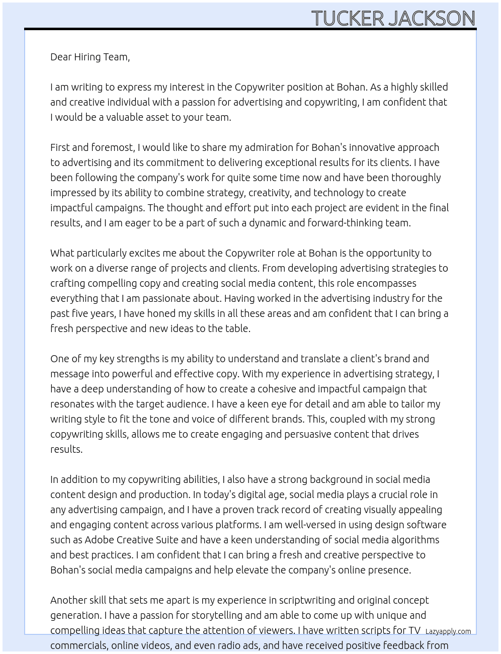 Copywriter At Bohan Cover Letter