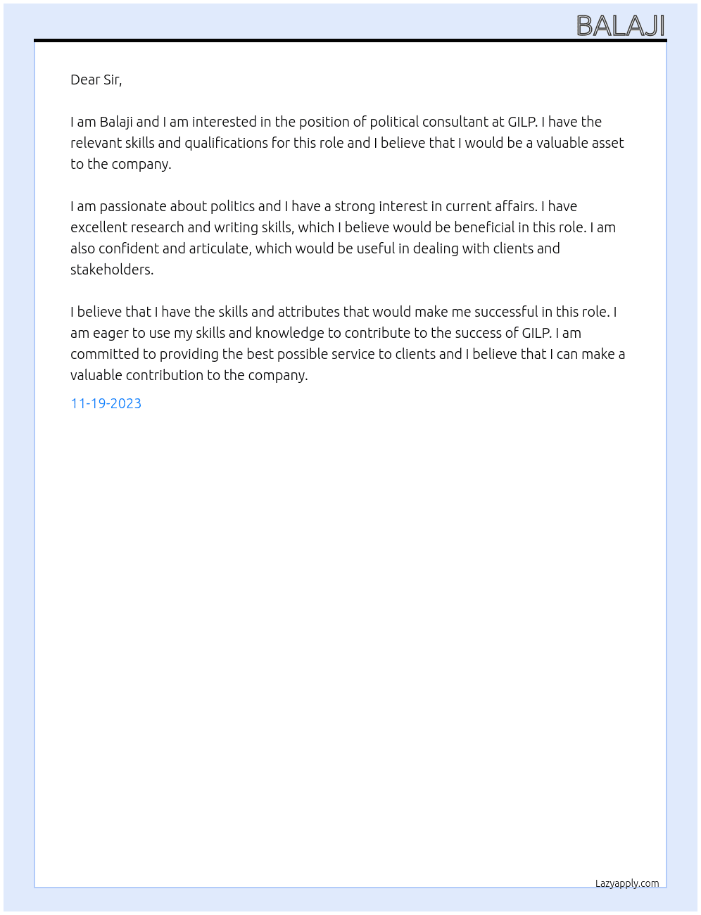 Political consultant At GILP Cover Letter