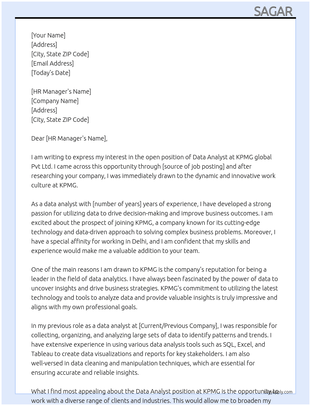 Data analyst At KPMG global Pvt Ltd Ltd  Cover Letter