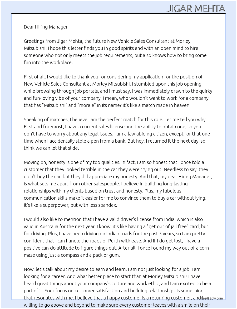 New Vehicle Sales Consultant At Morley Mitsubishi Cover Letter