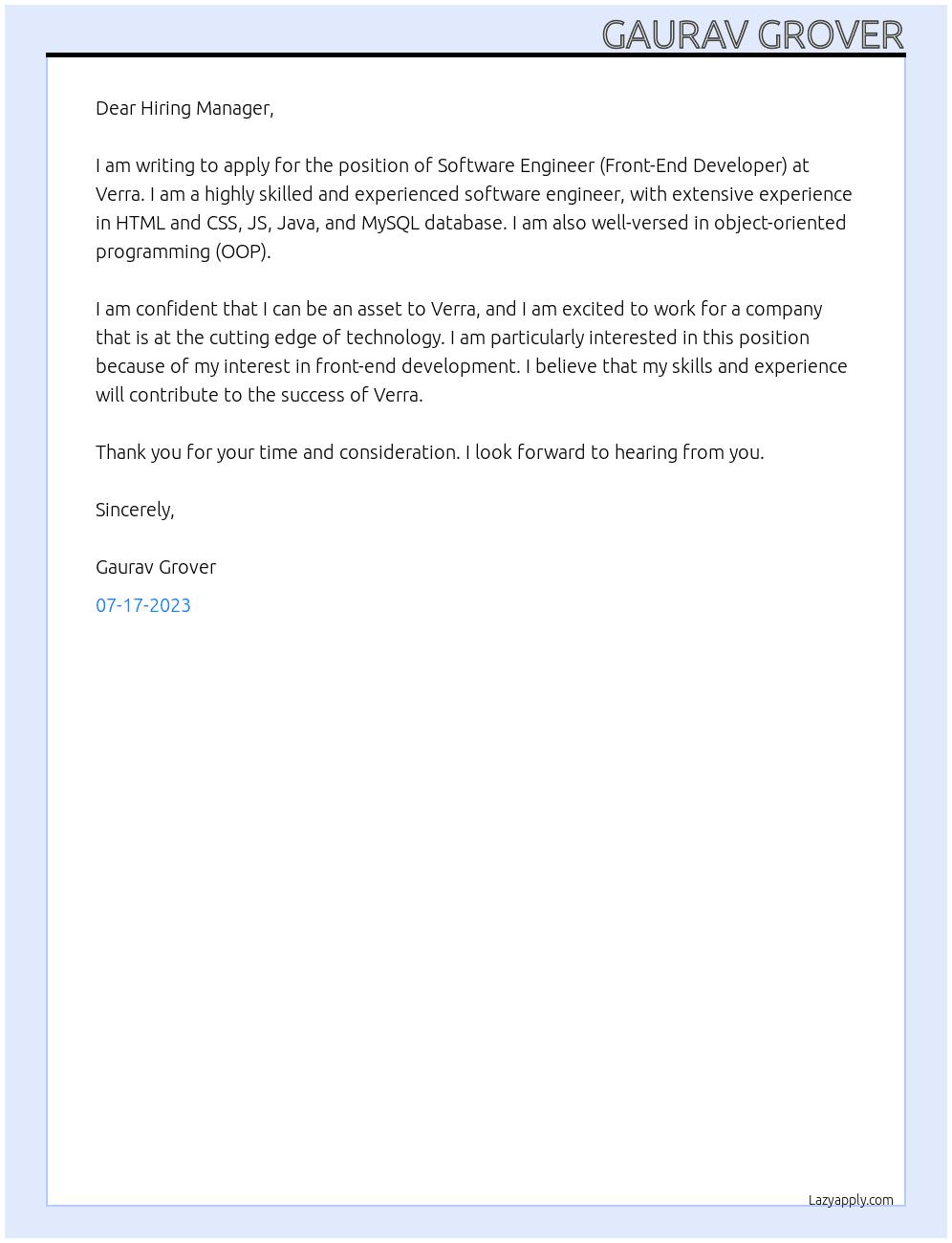 Software Engineer (Front-End Developer)  At verra Cover Letter