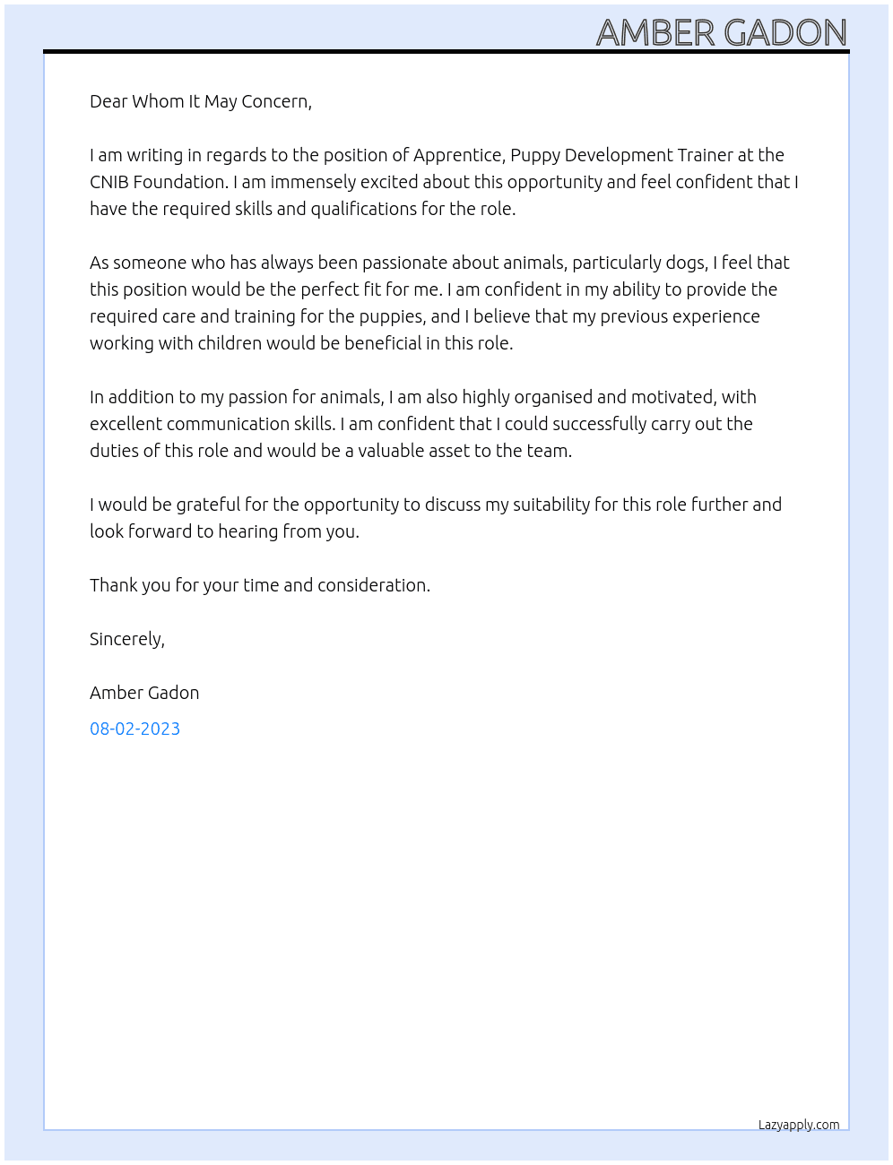Apprentice, Puppy Development Trainer At CNIB Foundation Cover Letter