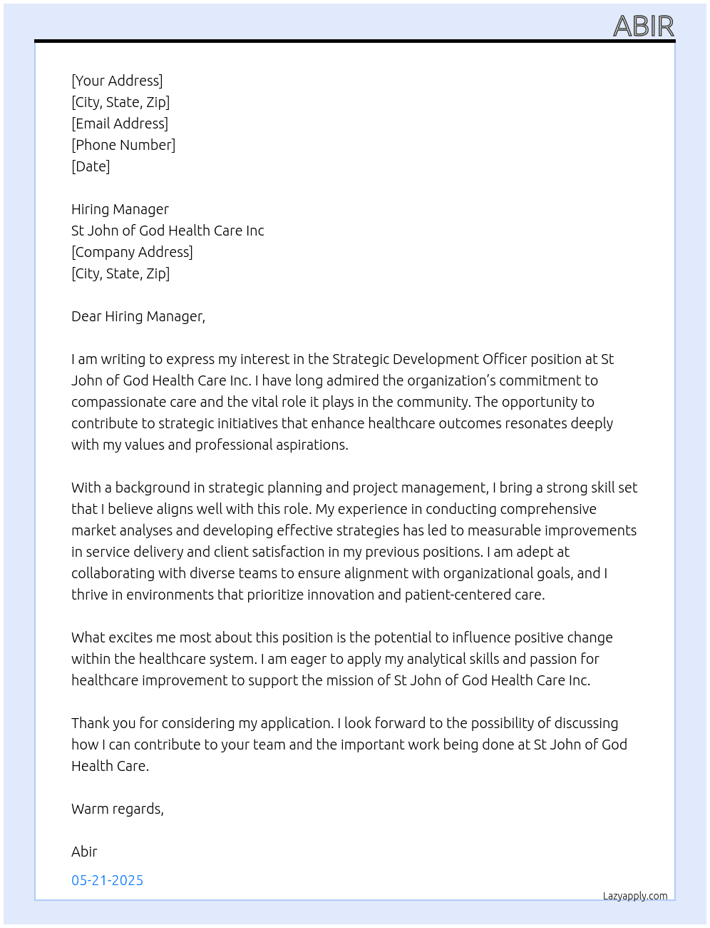 Cover letter for strategic development officer - LazyApply