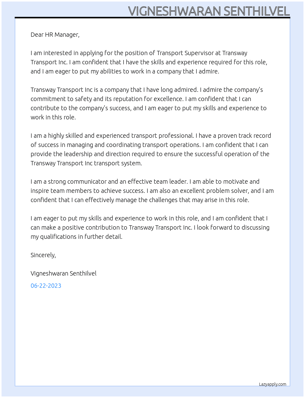 Transport Supervisor At Transway Transport Inc Cover Letter