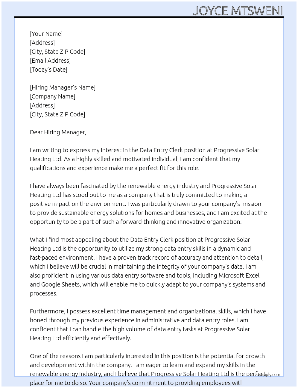 data entry c;erk At Progressive Solar Heating ltd Cover Letter