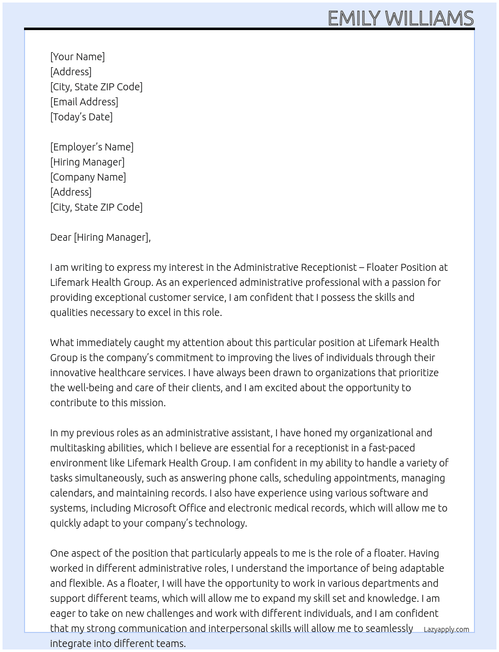 Administrative Receptionist - Floater Position At Lifemark Health Group Cover Letter