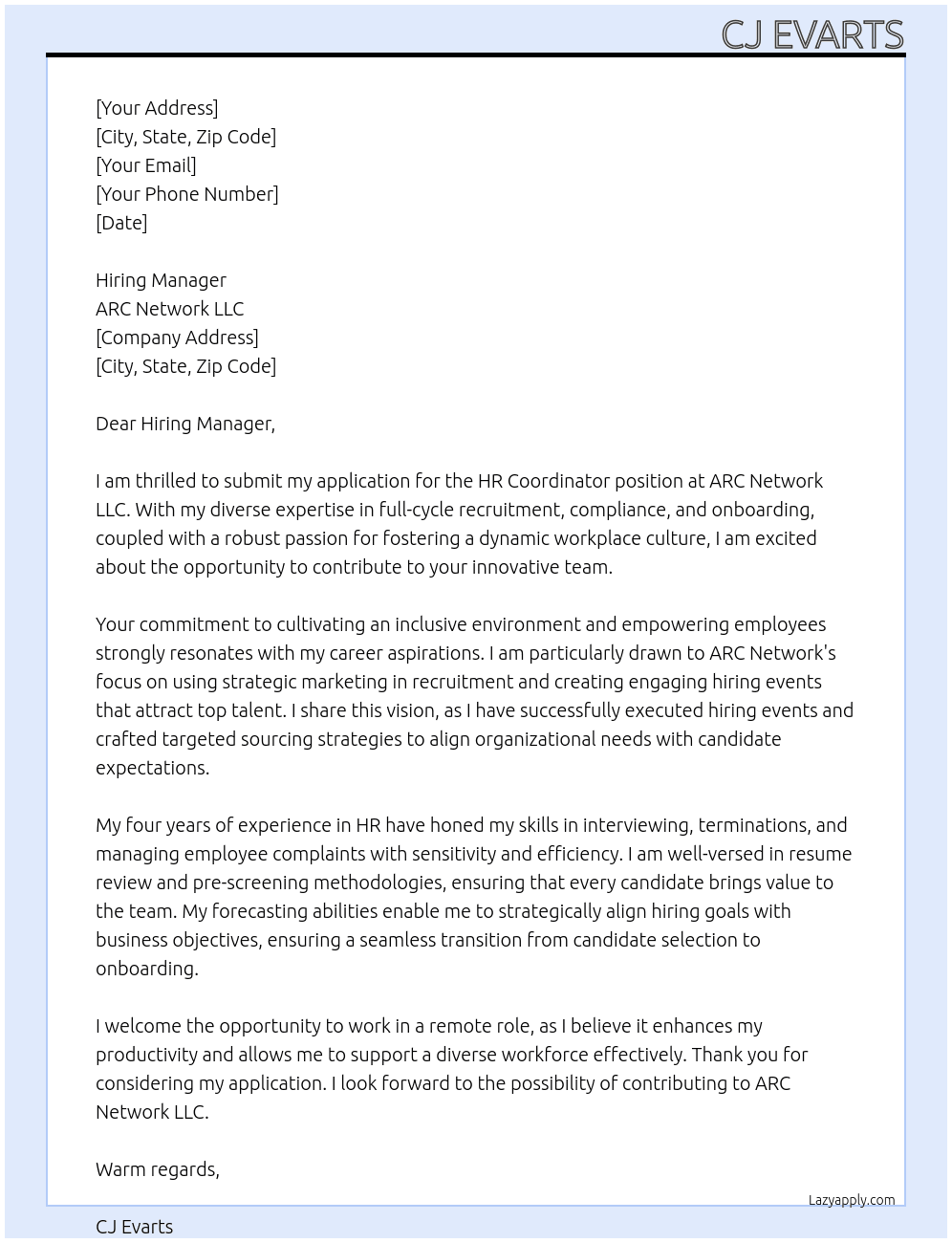 HR Coordinator At ARC Network LLC Cover Letter