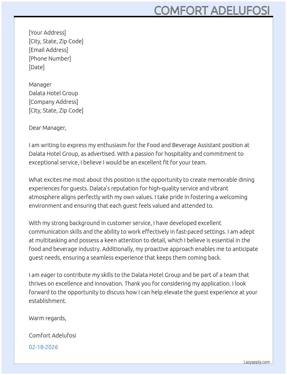 Food and beverage assistant At Dalata hotel group  Cover Letter