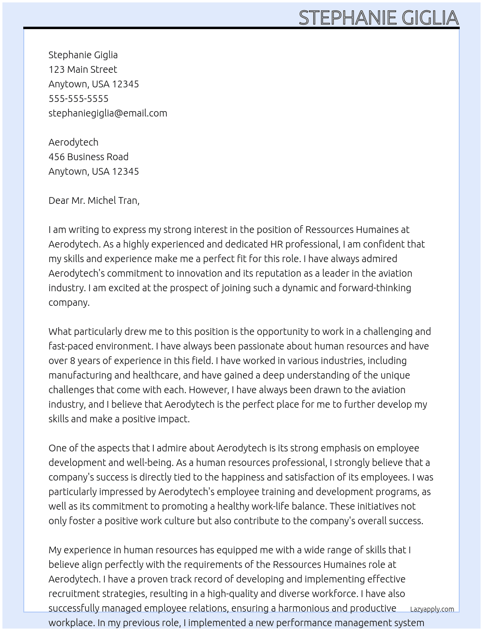 Ressources humaines At Aerodytech Cover Letter