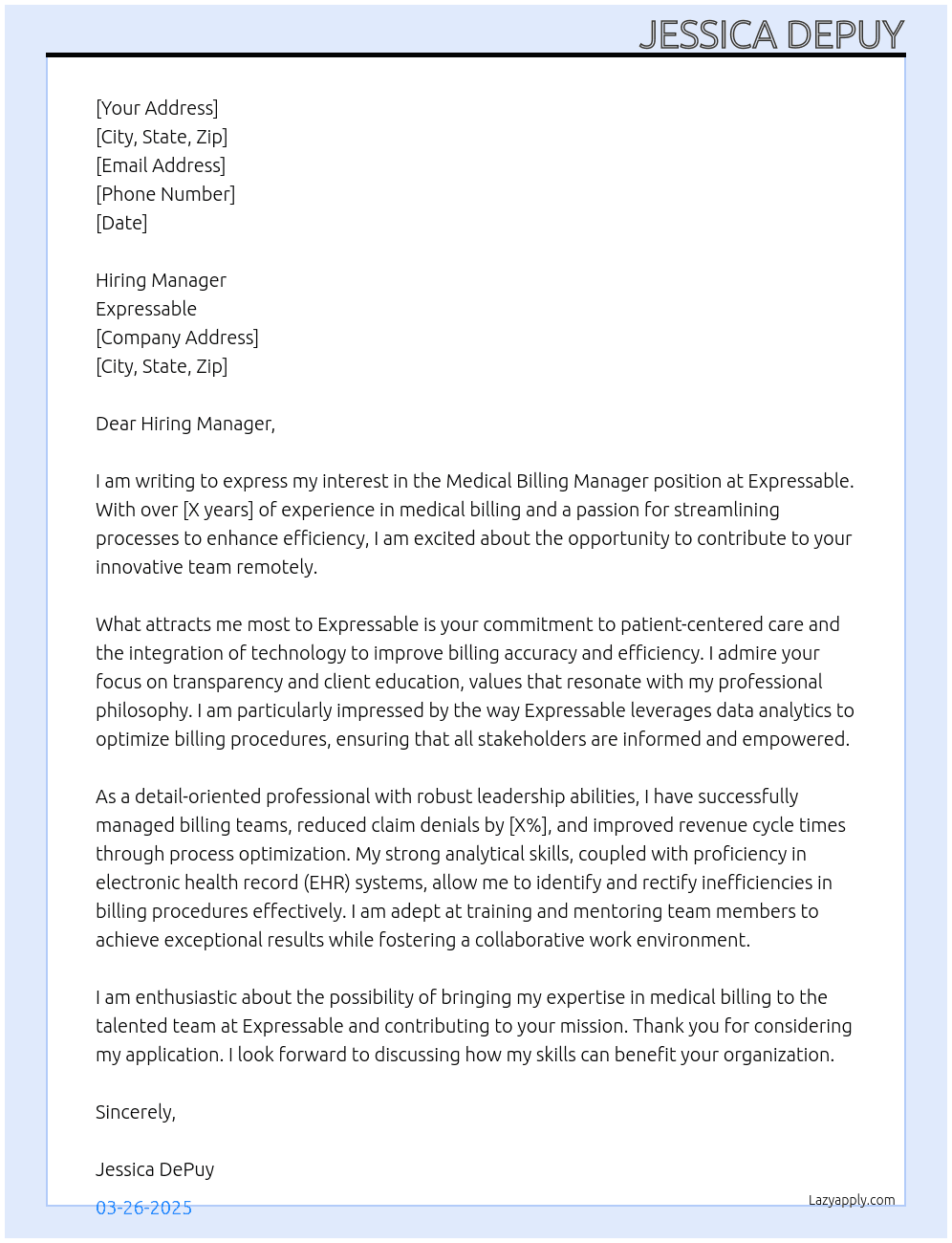 Medical Billing Manager At Expressable Cover Letter