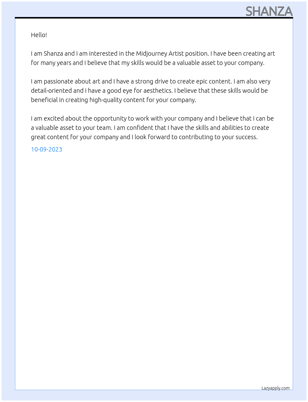 Midjourney Artist Needed For Creating Epic Conten At Markting Cover Letter