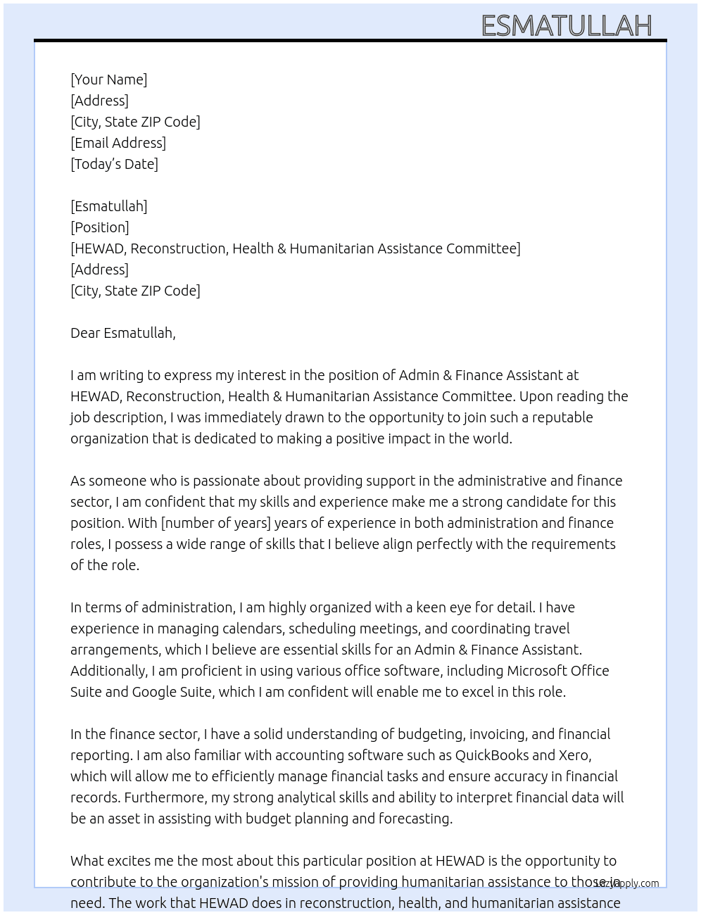 Admin & Finance Assistant At HEWAD, Reconstruction, Health & Humanitarian Assistance Committee  Cover Letter